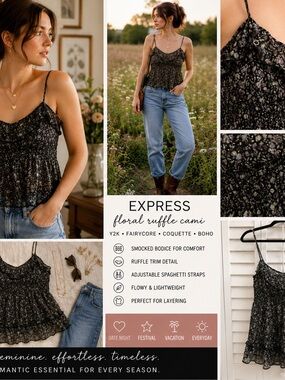 Express Shirt Large Black Sheer Ruffle Babydoll Fairycore Y2K Boho Floral Cami